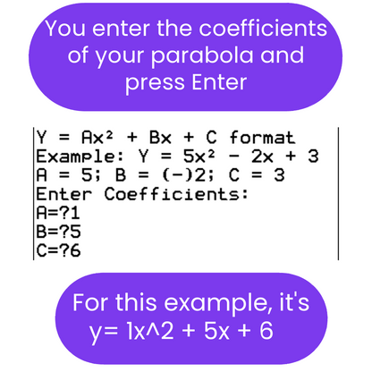 Instructions for entering coefficients of a parabola with example and solution shown.