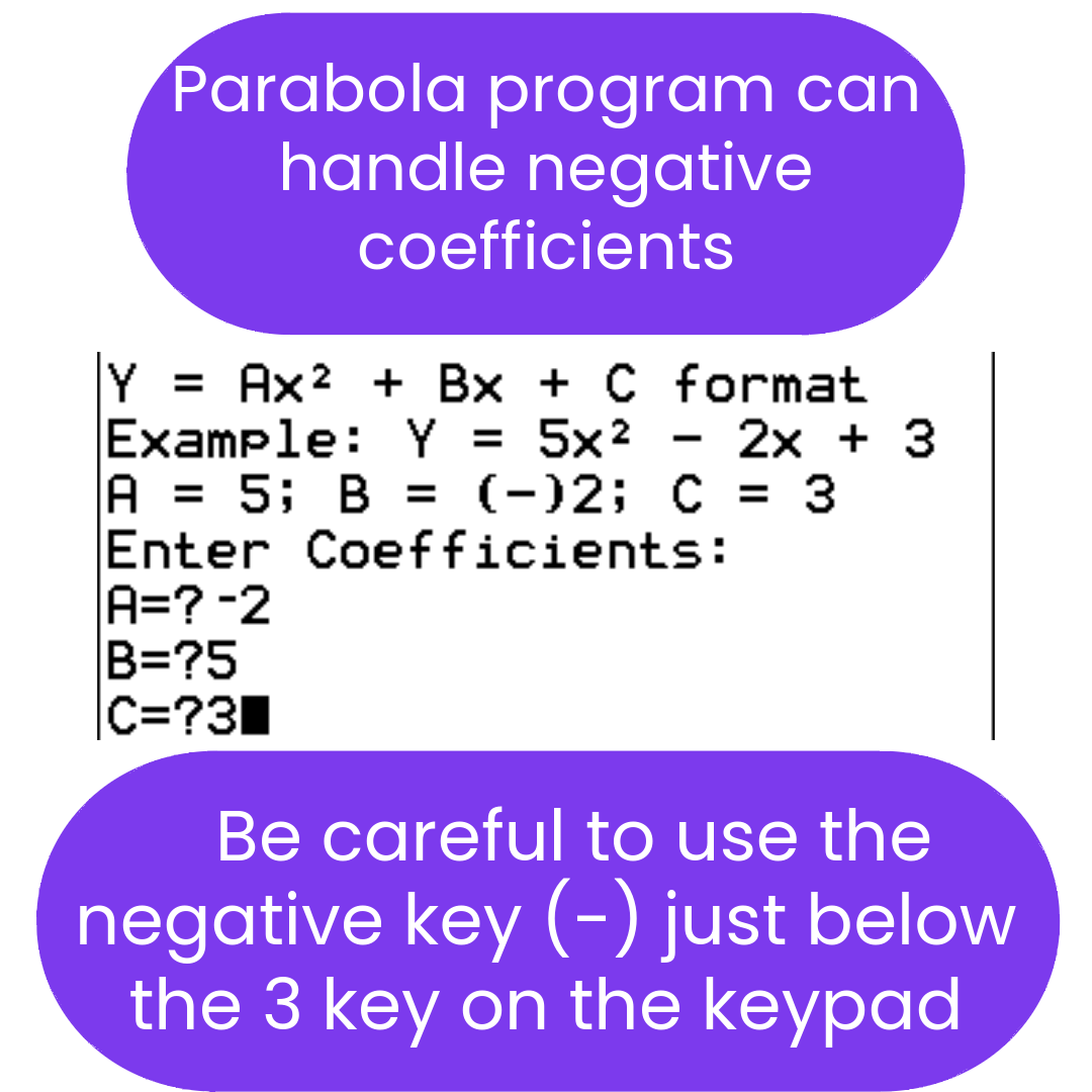 Instructions on using a parabola ti84 program with negative coefficients displayed on a white background.