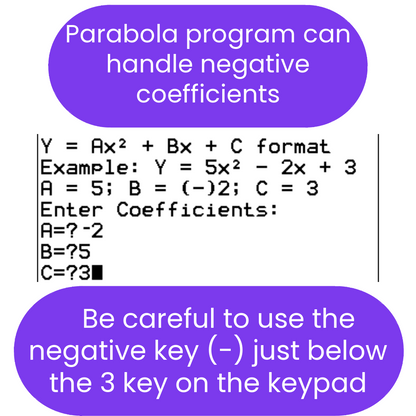 Instructions on using a parabola ti84 program with negative coefficients displayed on a white background.