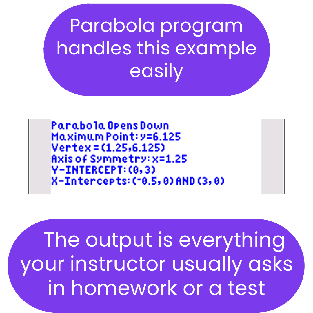 Text output from a parabola program with mathematical details on a white background.