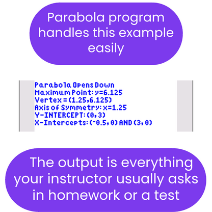 Text output from a parabola program with mathematical details on a white background.