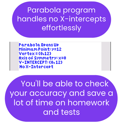 Advertisement for a parabola program with text about handling no X-intercepts and its benefits.