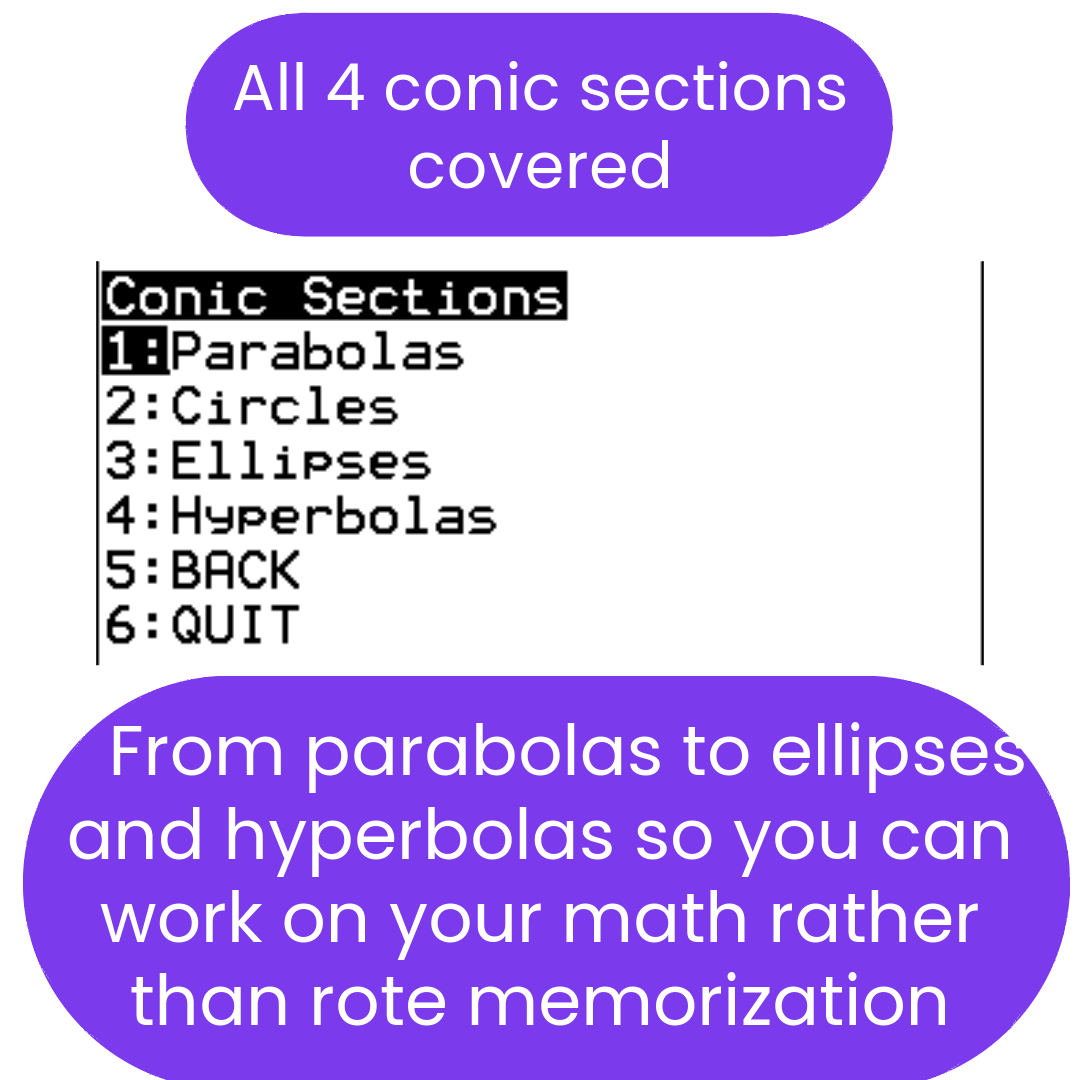Menu screen for conic sections with text about educational content.