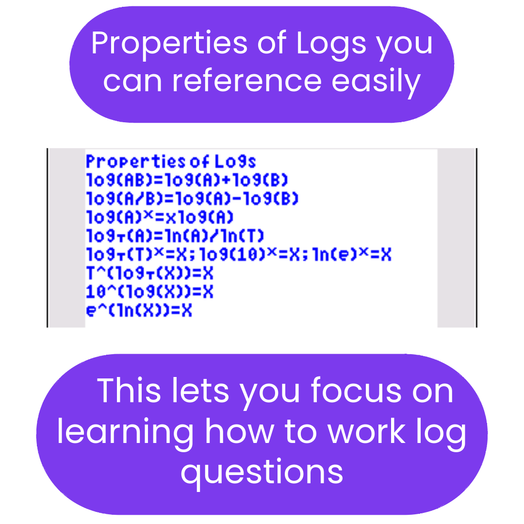 Properties of logs displayed on a white background with purple text boxes.