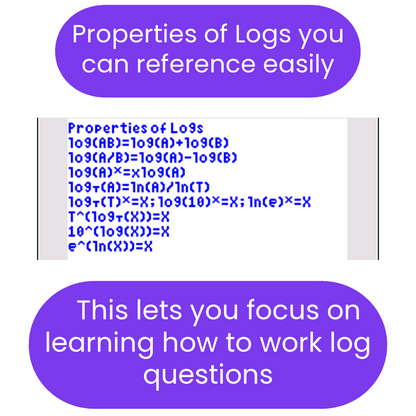 Properties of logs displayed on a white background with purple text boxes.