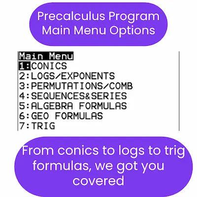 Menu options for a precalculus ti84 program with a purple banner and text.