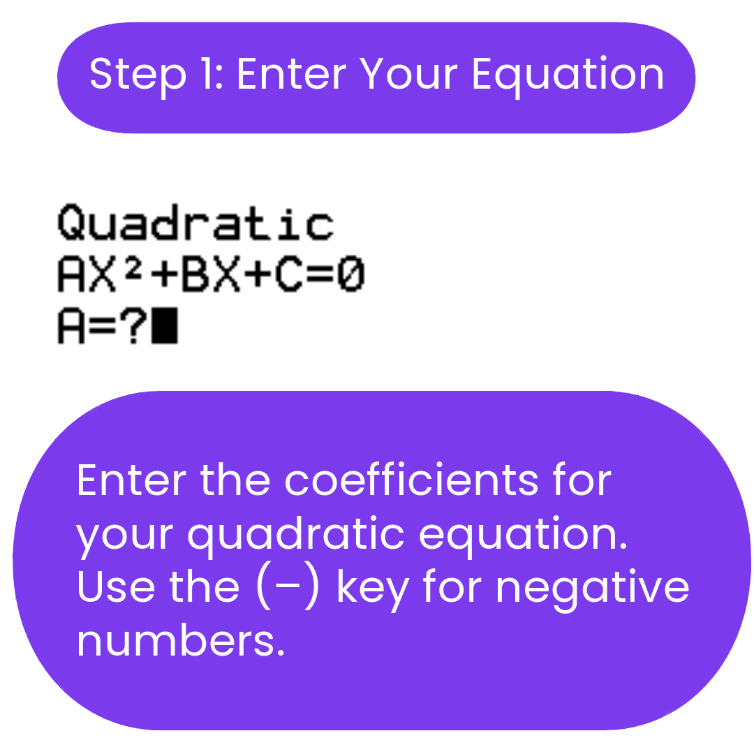 Instructional screen showing the first step to solve a quadratic equation using a TI-84 Plus CE calculator, which is to enter the coefficients for the quadratic equation.