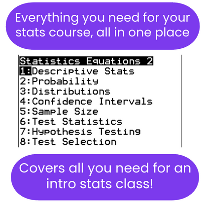 A statistics equations reference ti84 program, listing topics such as descriptive stats, probability, confidence intervals, and hypothesis testing.