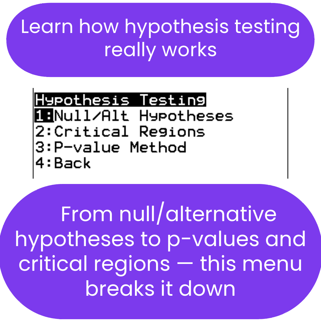 Menu for hypothesis testing with options and explanations on a white background