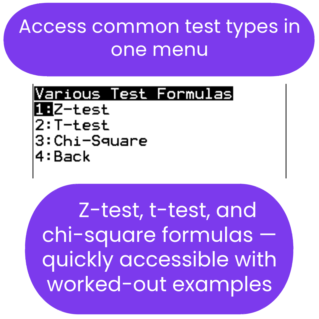ti84 program menu with test types including Z-test, T-test, and Chi-Square on a white background