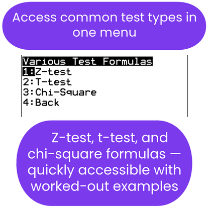 ti84 program menu with test types including Z-test, T-test, and Chi-Square on a white background