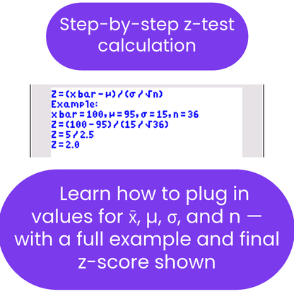 Step-by-step z-test calculation with example on a white background