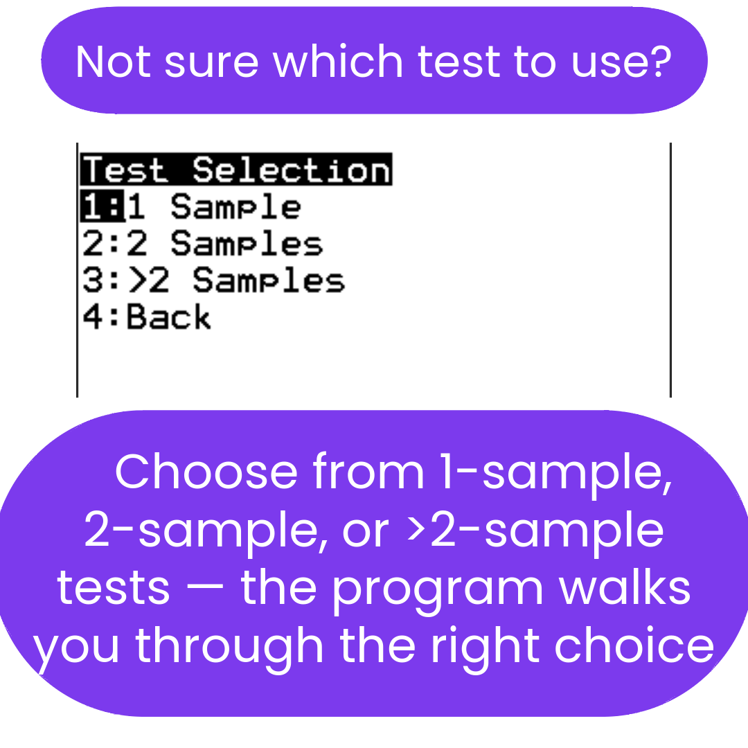 Text-based interface with test selection options and instructions on a white background