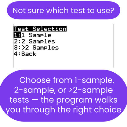 Text-based interface with test selection options and instructions on a white background