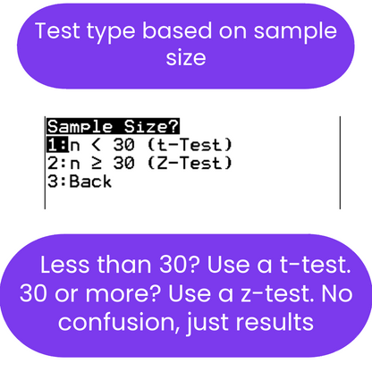 Instructions on choosing a test type based on sample size displayed on a screen.
