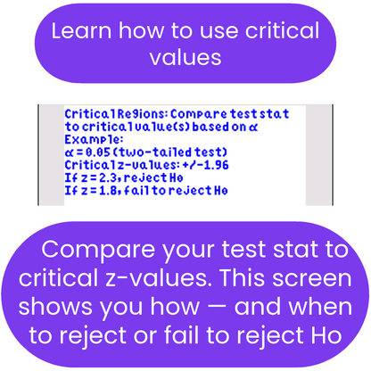 ti84 program on critical values and hypothesis testing with a purple border.
