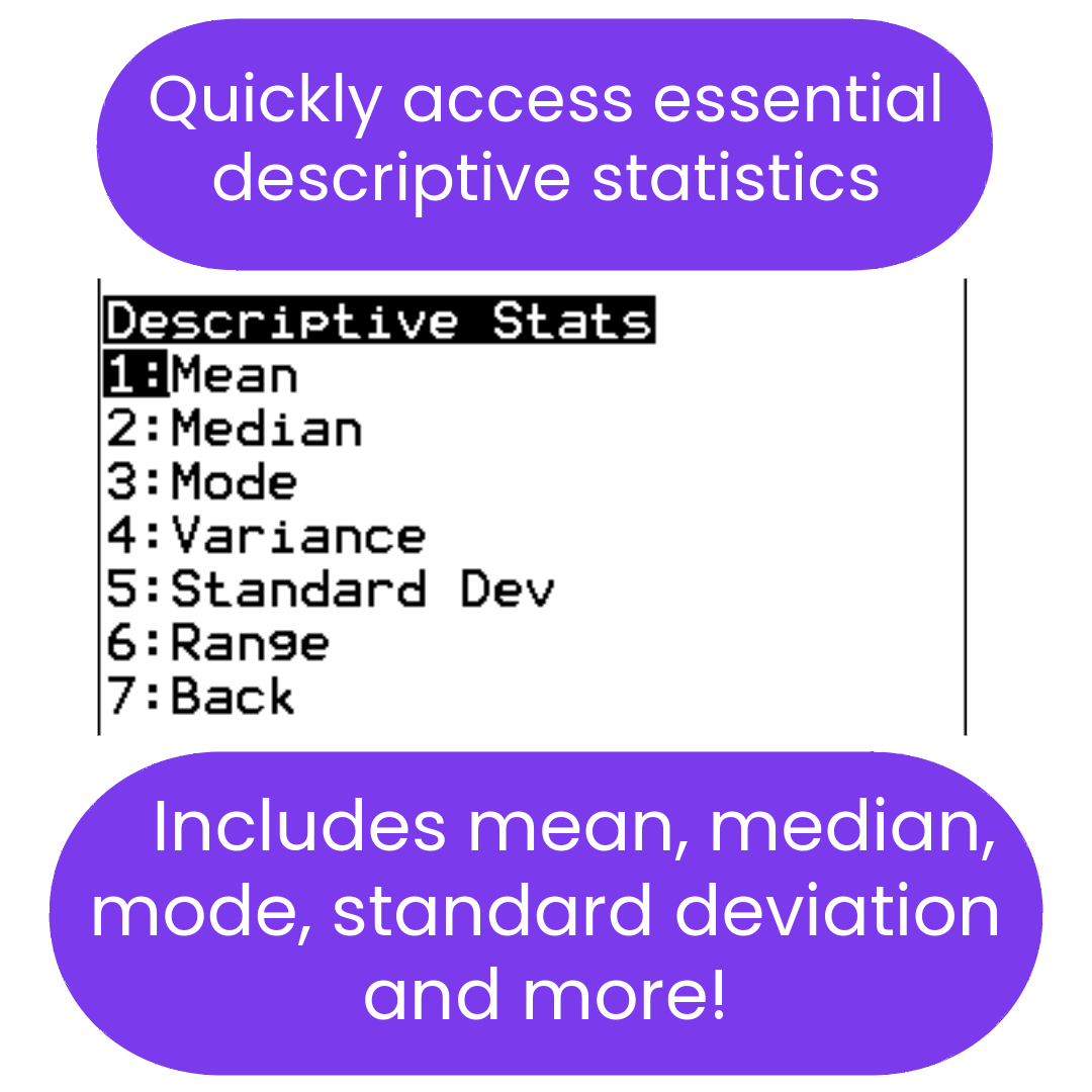 Menu for descriptive statistics ti84 program with options like mean, median, mode, variance, standard deviation, and range on a white background.