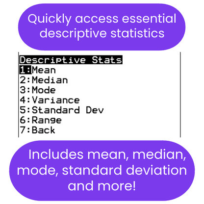Menu for descriptive statistics ti84 program with options like mean, median, mode, variance, standard deviation, and range on a white background.