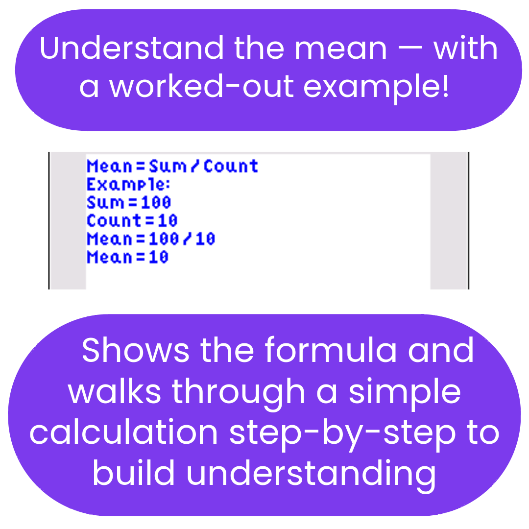 Educational text explaining the concept of mean with a worked-out example on a white background.