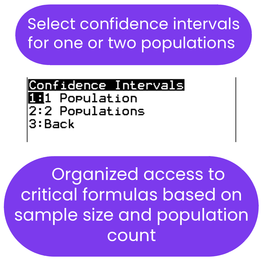 ti84 program Menu option for selecting confidence intervals for one or two populations on a white background with purple text boxes.