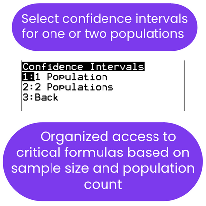 ti84 program Menu option for selecting confidence intervals for one or two populations on a white background with purple text boxes.