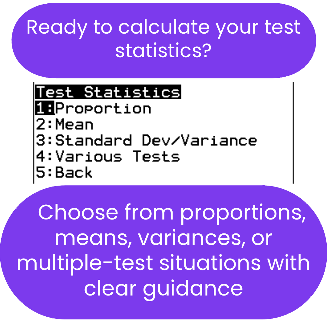 Menu for test statistics ti84 program with options and guidance text on a white background.