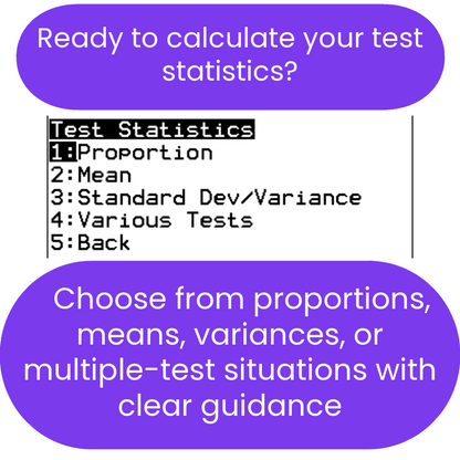 Menu for test statistics ti84 program with options and guidance text on a white background.