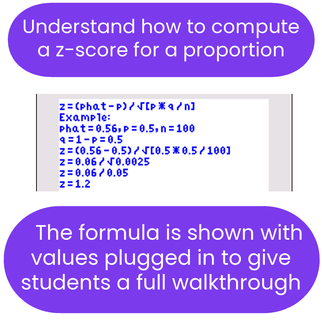 Formula for calculating z-score for a proportion with example values on a whiteboard background.