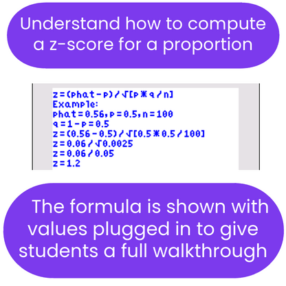 Formula for calculating z-score for a proportion with example values on a whiteboard background.