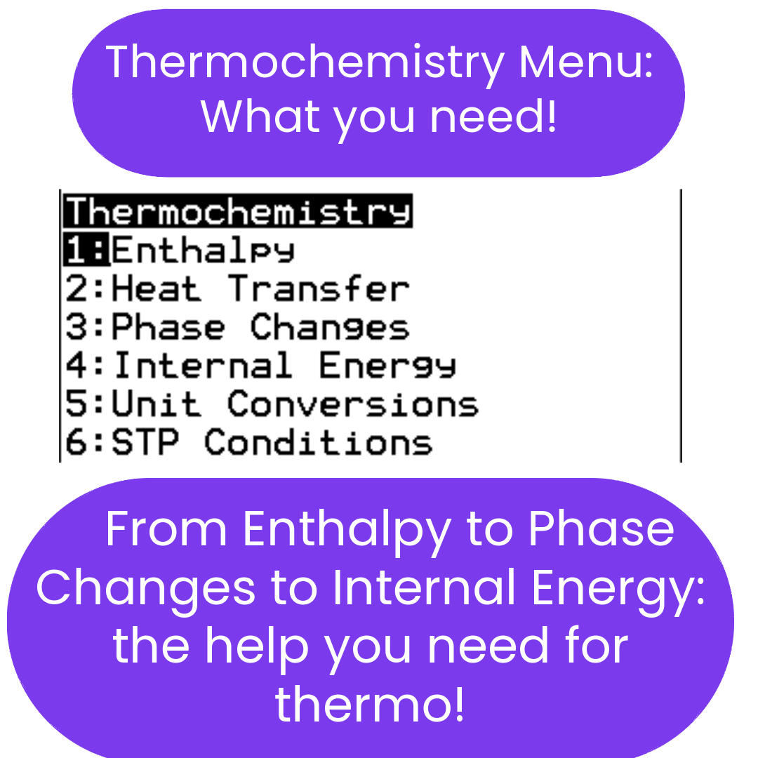 Promotional graphic for a Thermochemistry Solver ti84 Program, listing topics such as Enthalpy, Heat Transfer, Phase Changes, Internal Energy, Unit Conversions, and STP Conditions.