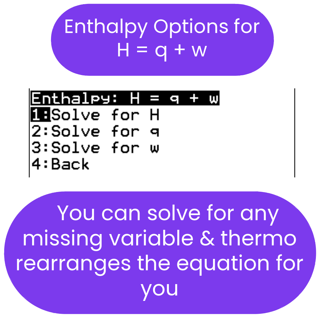Screen displaying enthalpy options with equations and solving choices on a white background.