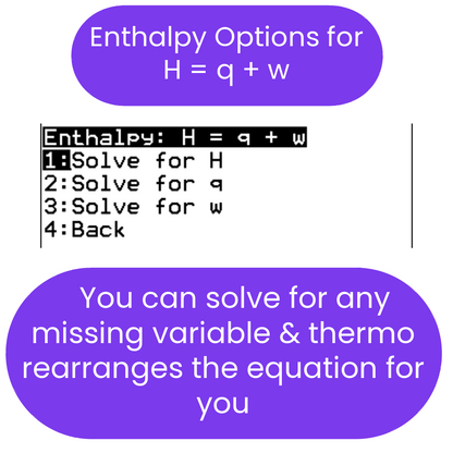 Screen displaying enthalpy options with equations and solving choices on a white background.
