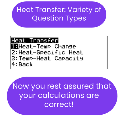 Text on a white background with purple boxes indicating types of heat transfer questions.