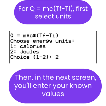 Instructions for calculating energy using a formula with unit selection on a white background