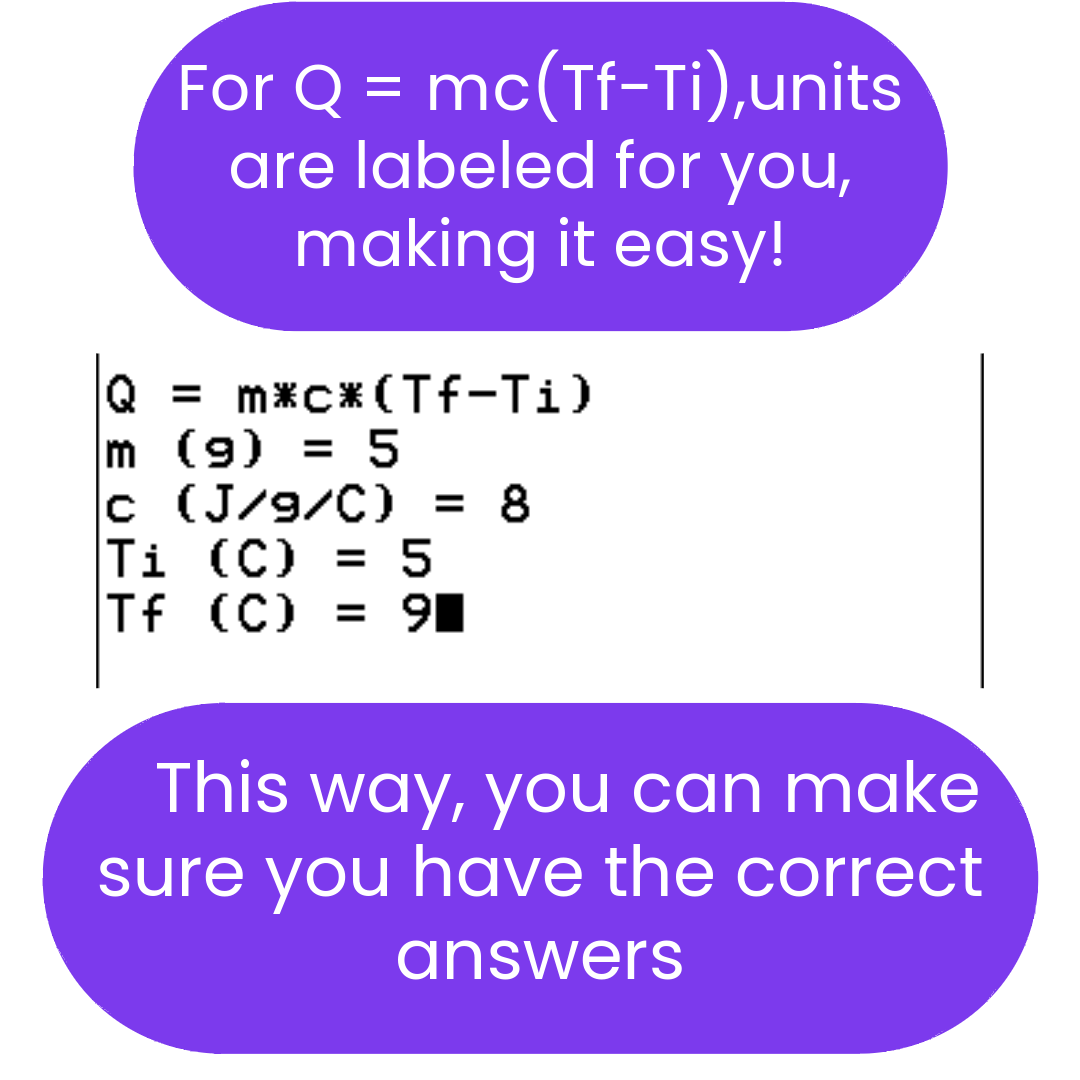 thermochemistry Equation with variables and constants in a purple speech bubble on a white background
