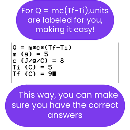 thermochemistry Equation with variables and constants in a purple speech bubble on a white background