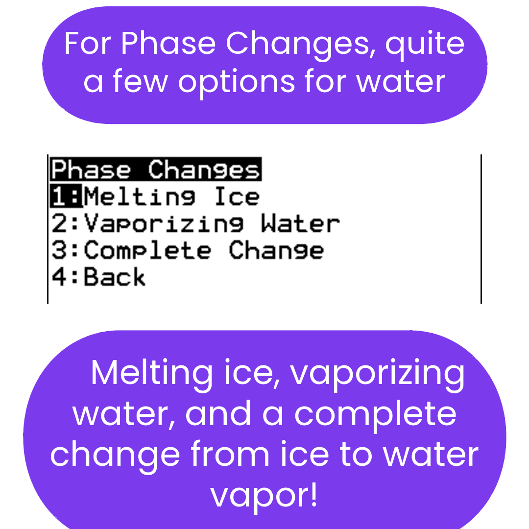 Text-based list of phase changes for water with a purple border and text box.