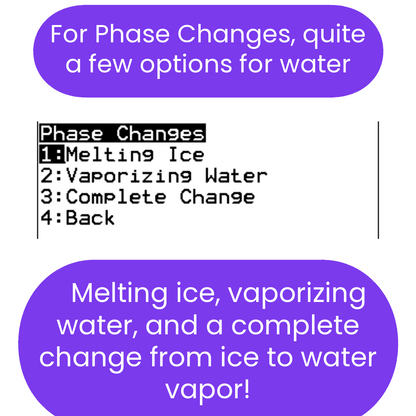 Text-based list of phase changes for water with a purple border and text box.