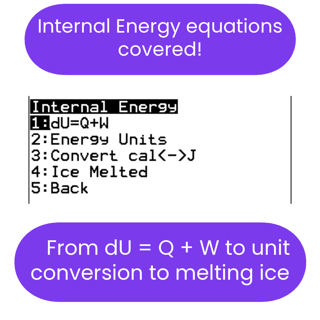 ti84 program discussing internal energy equations and conversions.