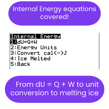 ti84 program discussing internal energy equations and conversions.