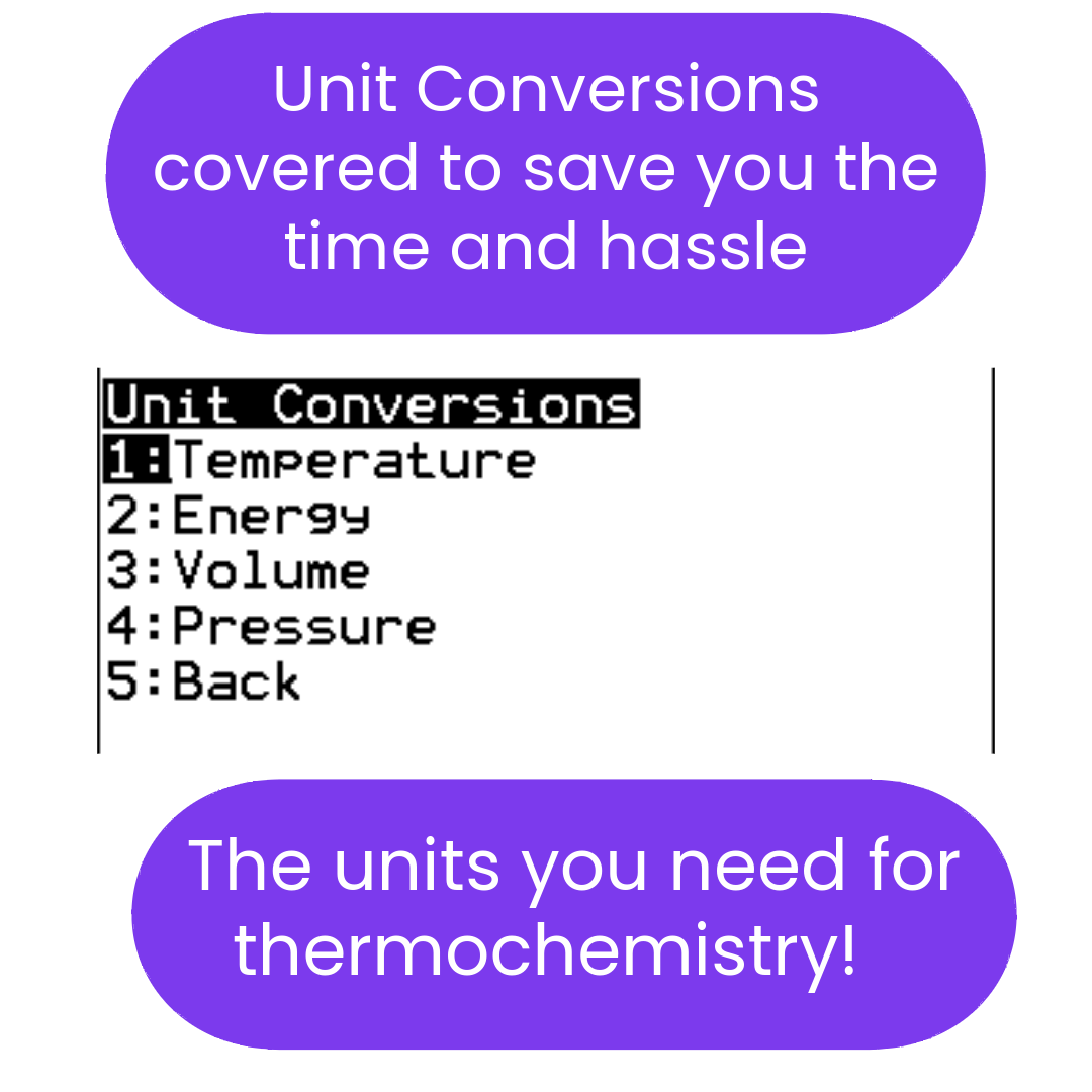Unit conversion guide with temperature, energy, volume, pressure, and thermochemistry references on a white background.