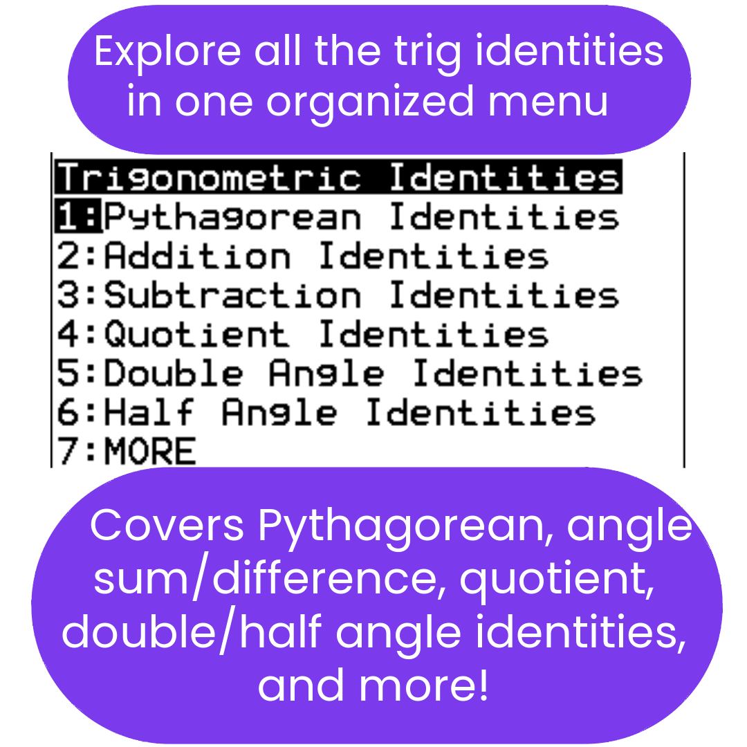 Promotional graphic for a Trigonometric Identities ti84 program, listing categories such as Pythagorean, addition, subtraction, quotient, double angle, and half angle identities, with a purple background and white text.