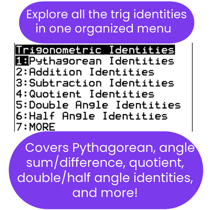 Promotional graphic for a Trigonometric Identities ti84 program, listing categories such as Pythagorean, addition, subtraction, quotient, double angle, and half angle identities, with a purple background and white text.