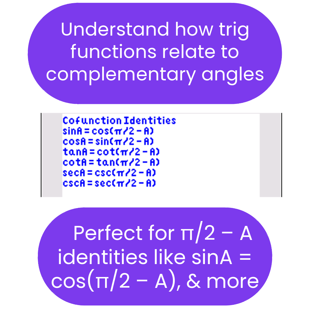 Trigonometric identities ti84 program related to complementary angles on a white background.