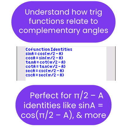 Trigonometric identities ti84 program related to complementary angles on a white background.