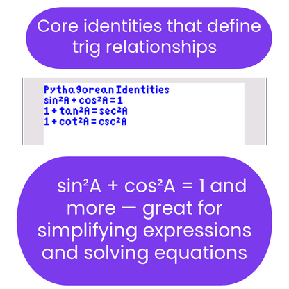 Core trigonometric identities ti84 program displayed with a purple background.