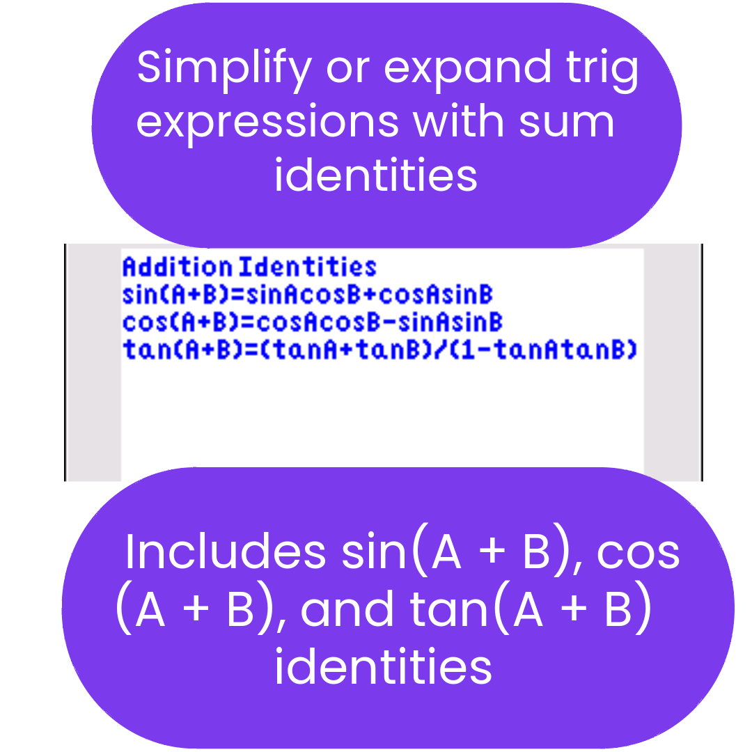 Trigonometric identities for sum of angles with text on a white background.