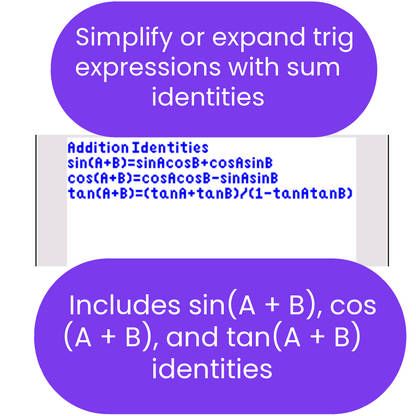 Trigonometric identities for sum of angles with text on a white background.