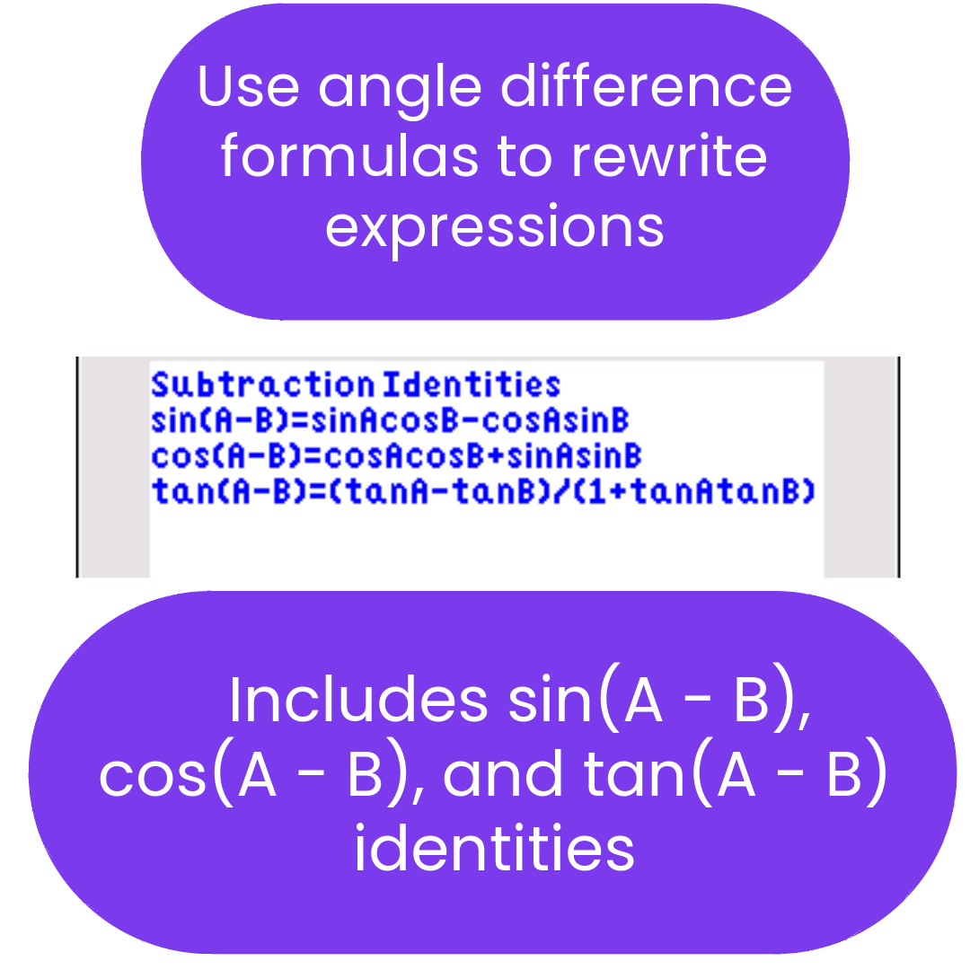 Mathematical identities for angle difference formulas on a white background.