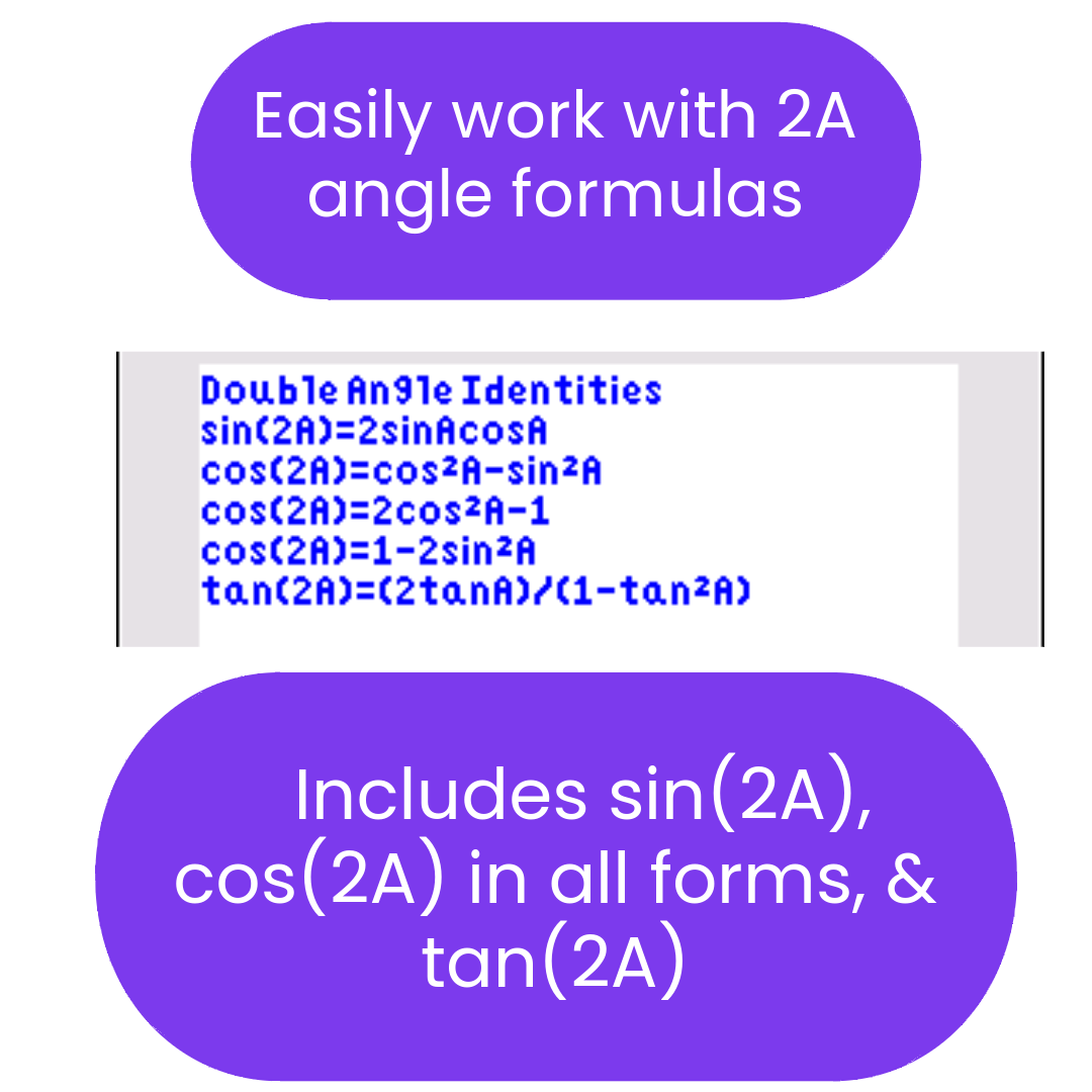 Double angle identities for trigonometric functions with text on a white background.